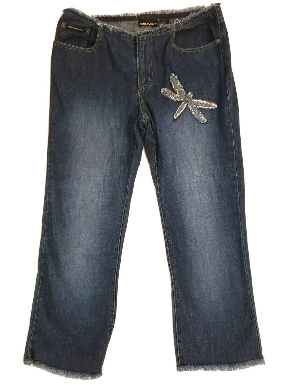 DKNY Juniors Denim Capris Frayed Waist and Hem Dragonfly Patch Jeans 7